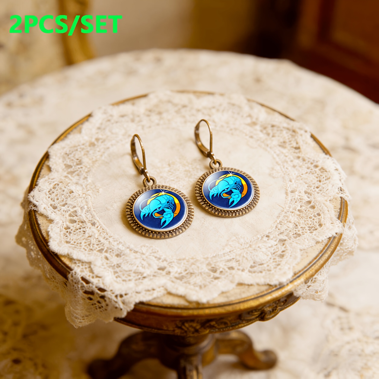 2pc Blue Classic Pendant Earrings Set, Zodiac Scorpion Design